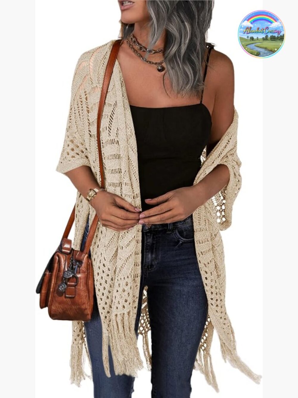 Lightweight Crochet Knit Cardigan Open Front Tassel Sweater